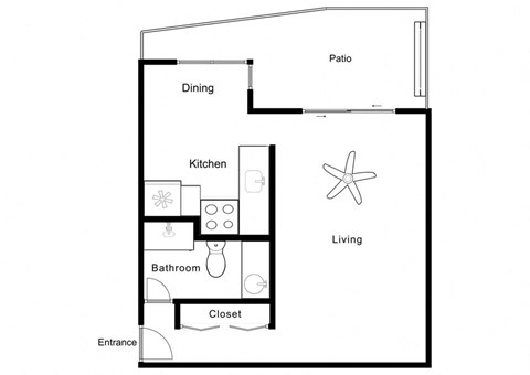 a floor plan of a studio apartment with a bedroom and a living room